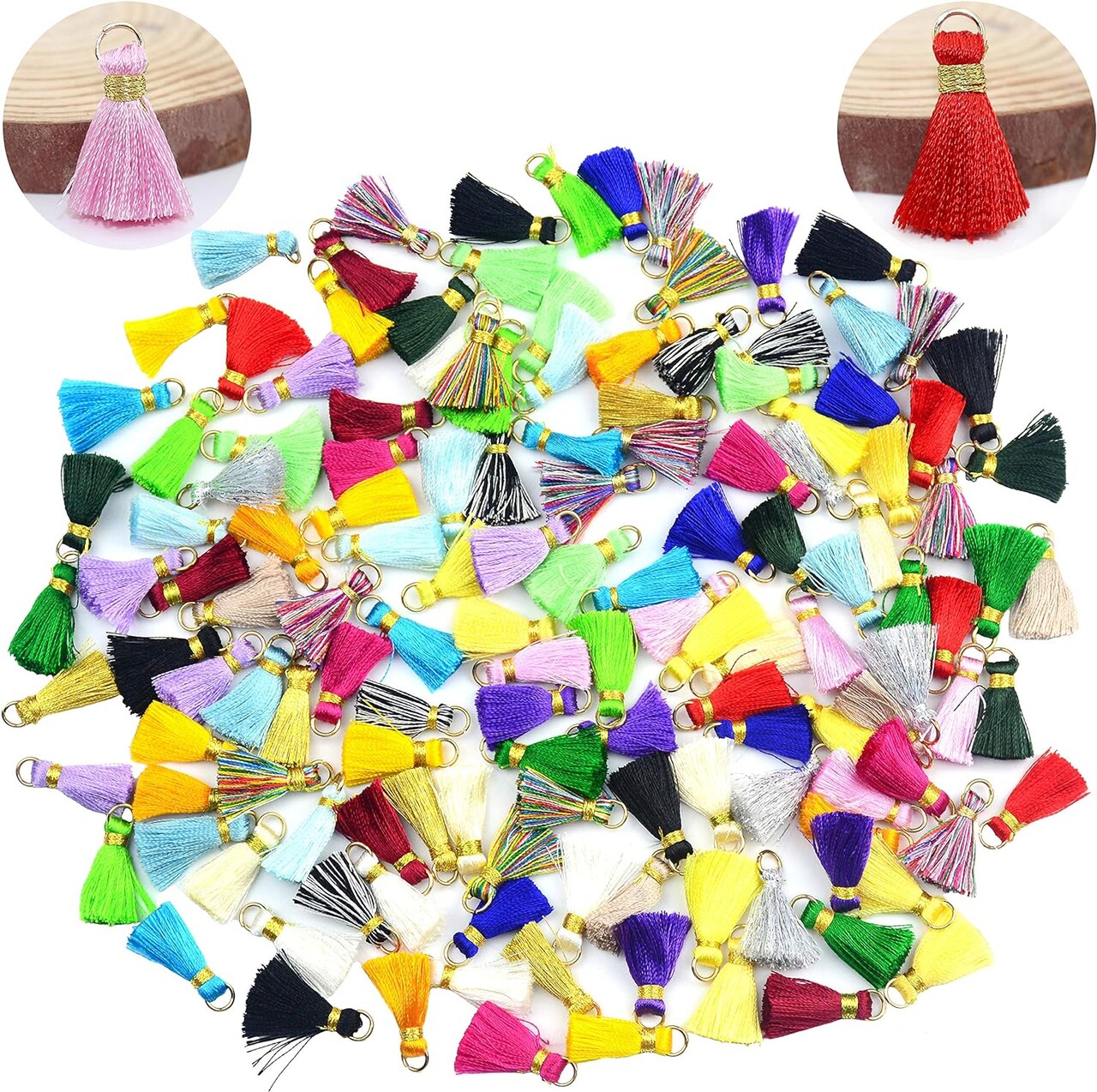 100 pcs Tassel Multi-Colors Mini Tiny Handmade Craft Tassels Charms with Golden Jump Ring for Earring Jewelry Necklace Making Accessories Other Arts DIY Supplies (Mixed)
